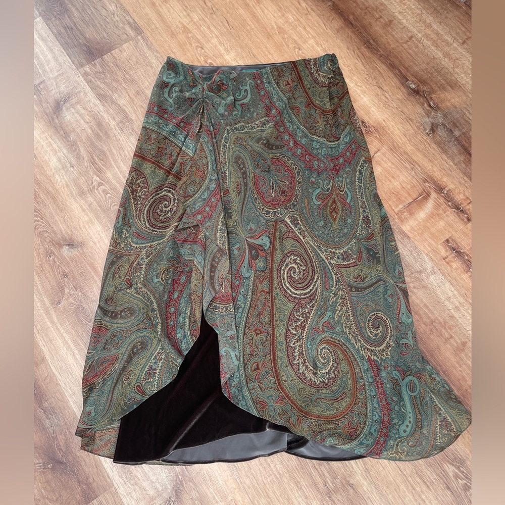 Lauren Ralph Lauren VTG Velvet Silk Chiffon Maxi Skirt 18W Whimsical Paisley #